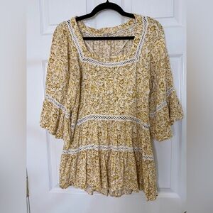 Free People Floral Mini Dress Womens S Mustard Yellow Boho Crochet Lace